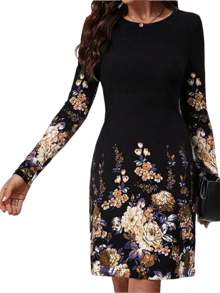 

Fashion Floral Print Dress Lady Casual O Neck Long Sleeve Package Mini Dresses For Women Elegant Office Womens Clothing New