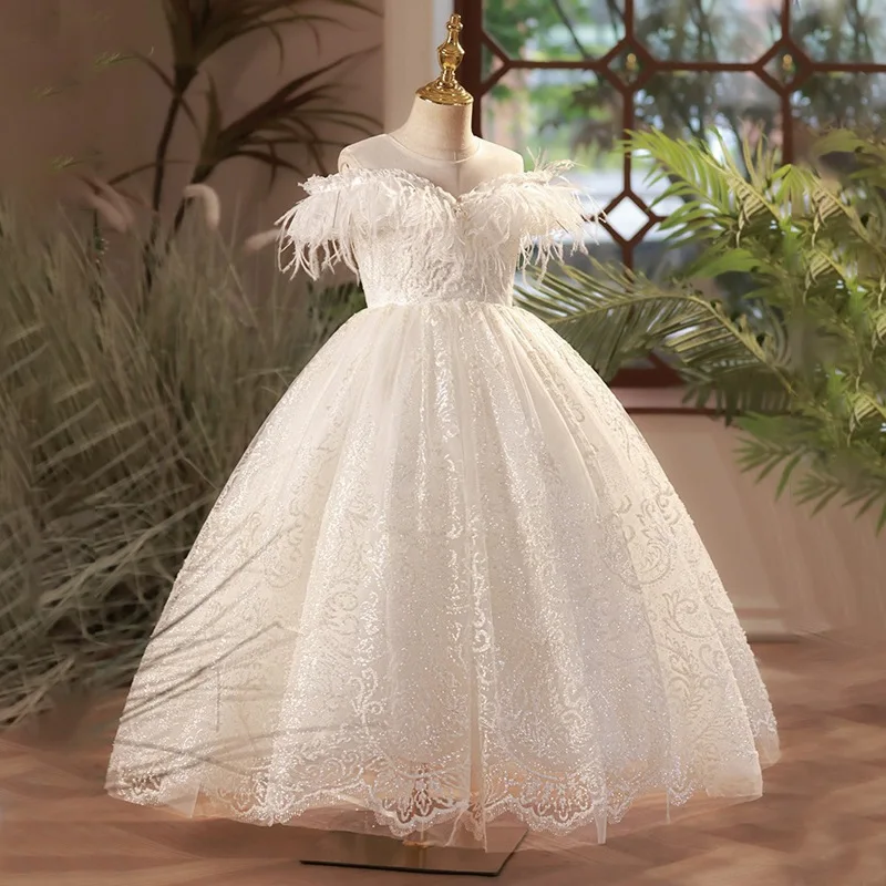 2024 Royal Party Dress for Junior Girls Kids White Lace Feather Bridesmaid Dresses for Weddings Teenager Piano Performance Gowns