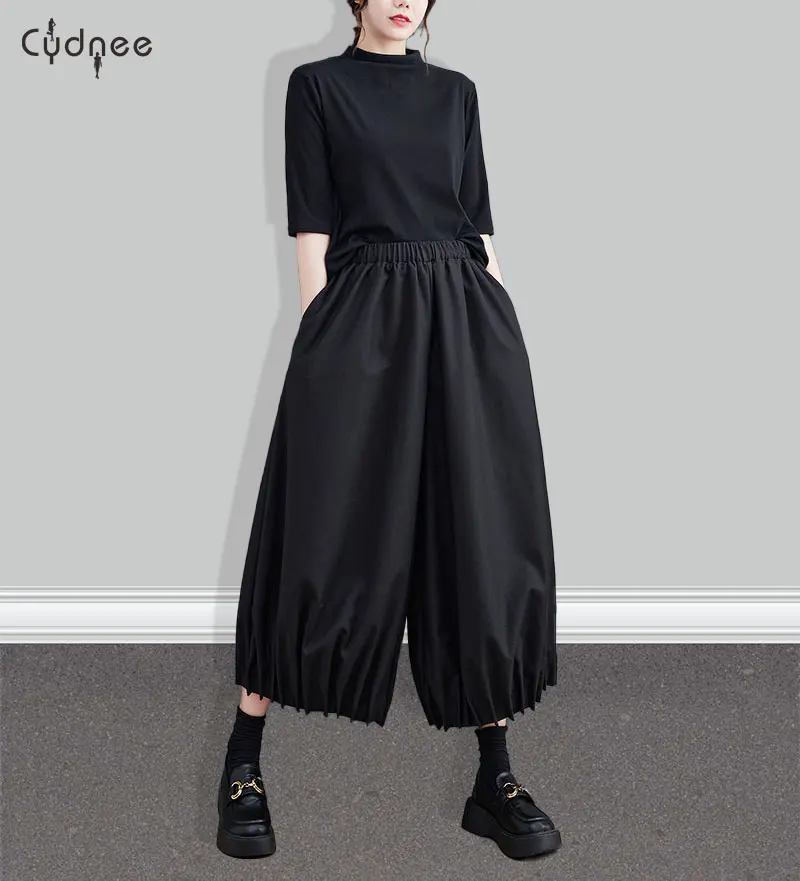 Black Gaucho Palazzo Pants for Women Wide Leg Dress Pants High Waisted Dressy Trousers Tall Plus Size Bloomers with Pockets