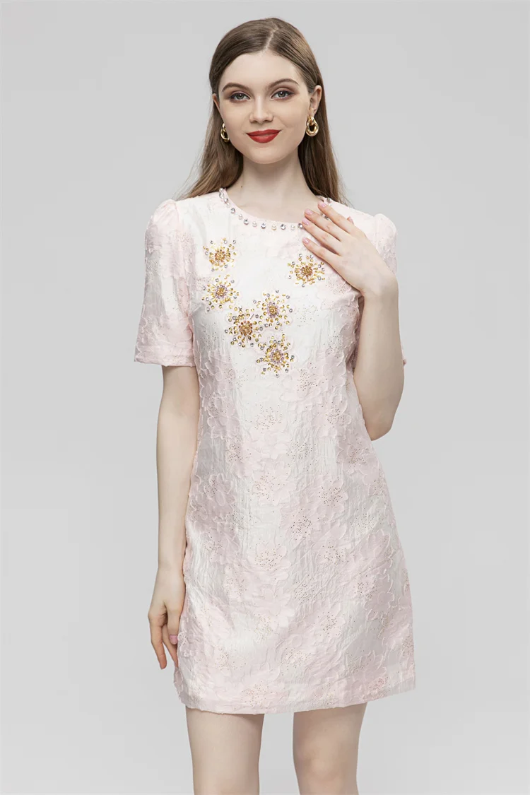 

New Summer Fashion Designer Elegant New Women's O-neck Short Sleeve Beading Jacquard High Waist Mini Dress