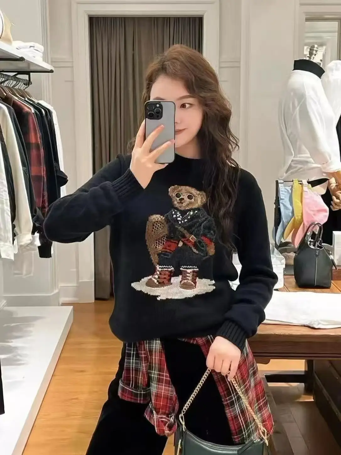 

Winter Unisex Knitted Sweater, Teddy Bear Heavy Industry Woven Flower Color Blocked Long Sleeved Pullover Wool Blend Sweater RL