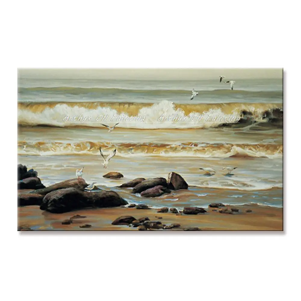 

Arthyx Hand-painted Sea Waves Abstract Landscape Oil Paintings On Canvas,Gull Picture,Wall Art For Living Room,Modern Home Decor