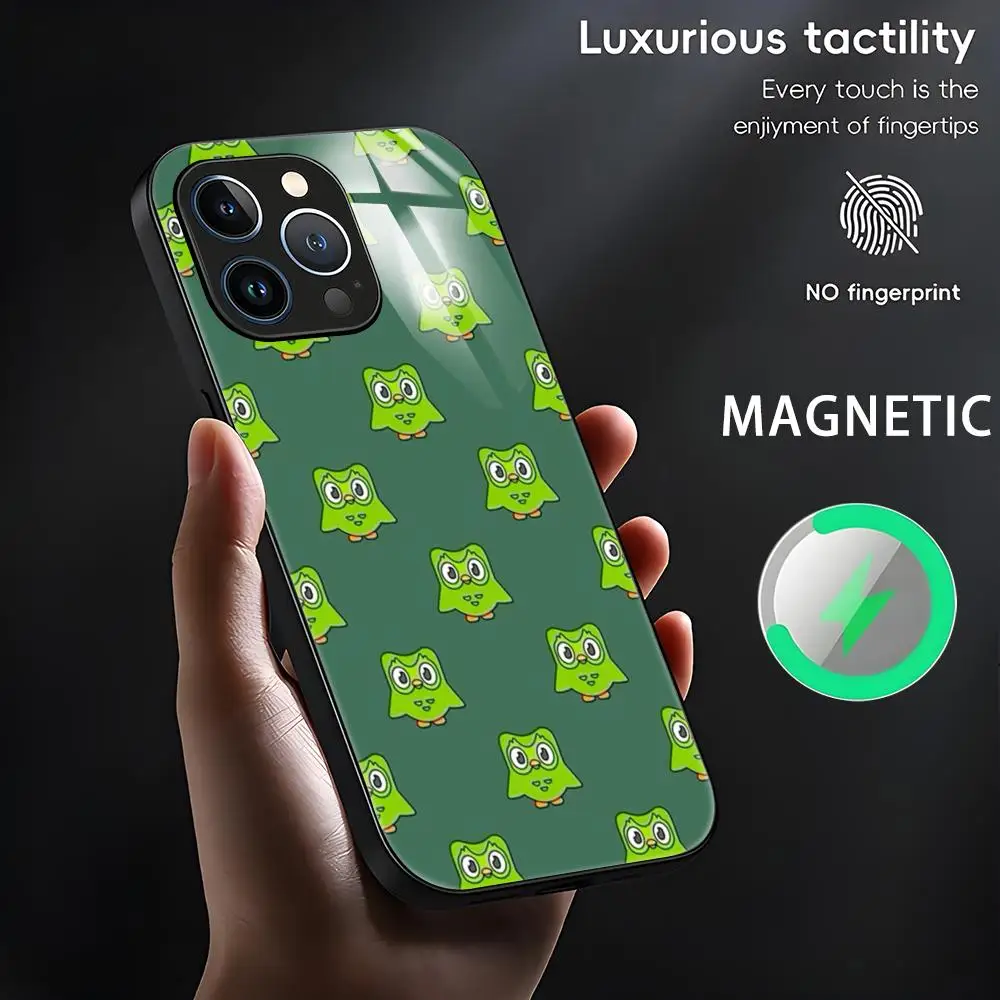 Mascot owl Duolingo Phone Case For iPhone 16 15 14 13 12 11 X XR XS 8 Plus Mini Pro Max Glass Magnetic Phone Case