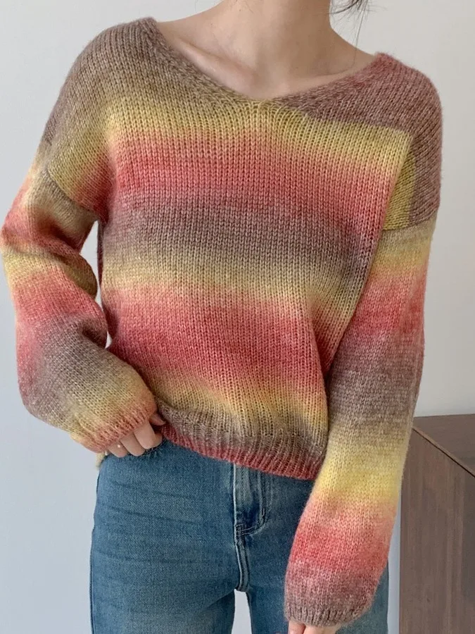 

Laid-ba Sle V-ne Knitwear Women's Faion Autumn New Casual Hand Knitted Outerwear Personali Top Color Blo Design