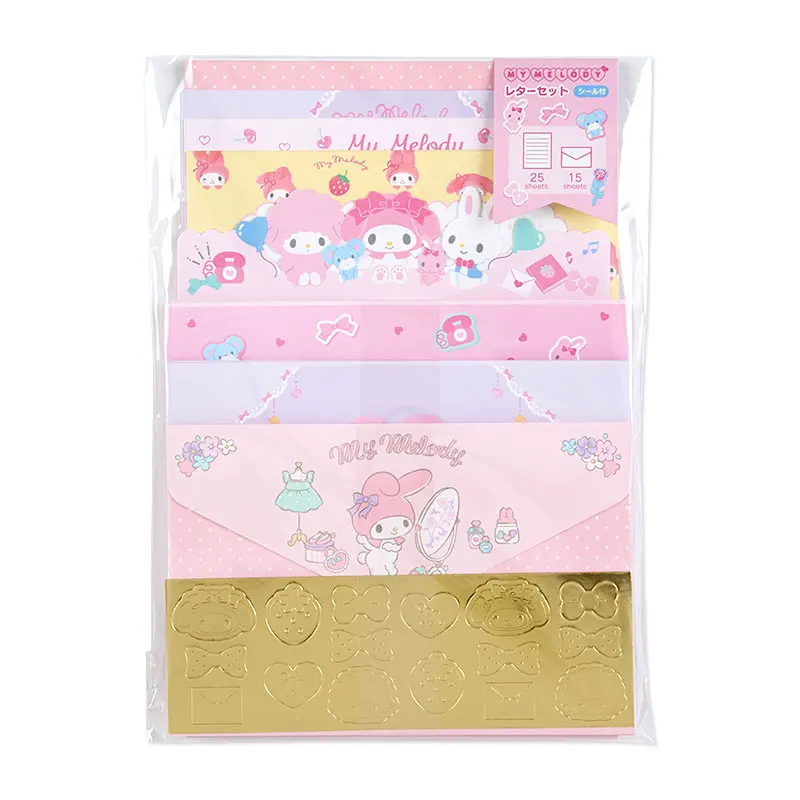 Sanrio Envelope Letterhead with Stickers Set Mymelody Cinnamoroll Kuromi Cartoon Kawaii Anime Plush Toy for Girl Birthday Gift