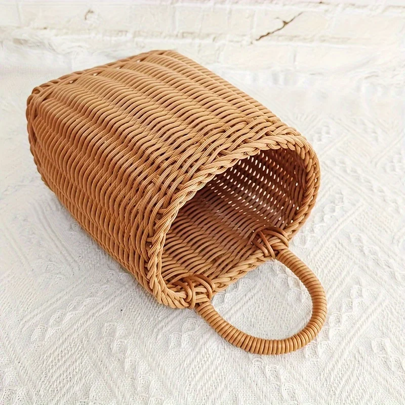 Cesta Colgante de Pared Tejida a Mano de Ratán Rústico para Guardar Cucharas, Palillos, Flores y Artículos Diversos - Cestas de Pared