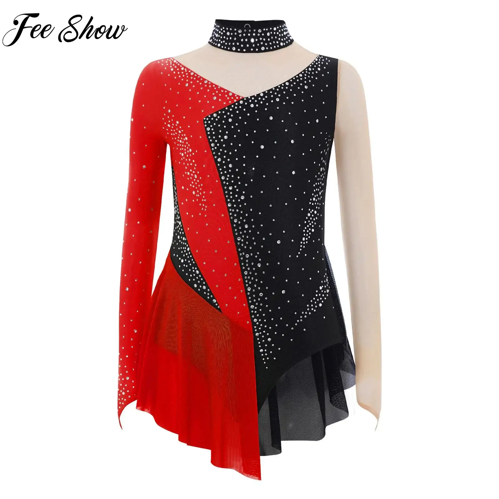 

Kid Girl Ballet Leotard Lyrical Contemporary Dress Figure Ice Skating Dancewear Shiny Rhinestone Sheer Mesh Gymnastics Bodysuits