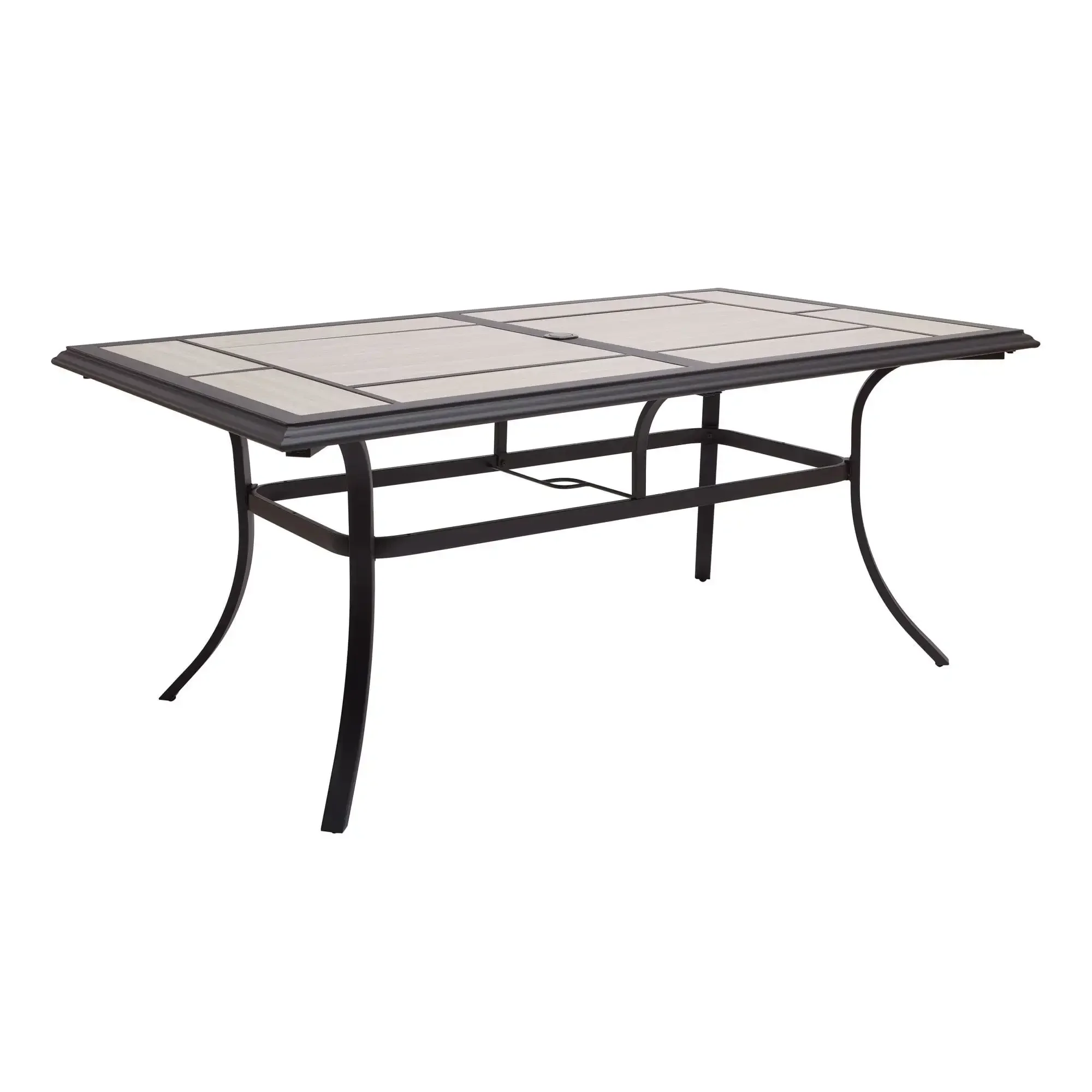 

Newport Outdoor Ceramic Tile Top Rectangular Dining Table with Umbrella Hole, Gray Tabletop, Black Frame Finish, Seats 6