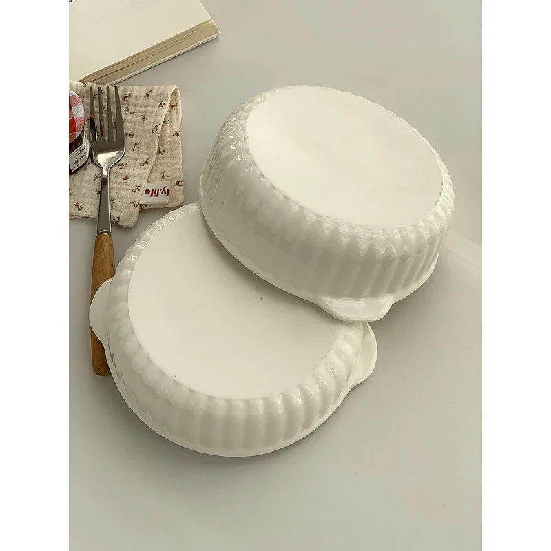 Simple Double Eared Ceramic Bowl Japanese Style Ins Household Round Tableware Dessert Fruit Salad Soup Bowls Kitchen Supplies