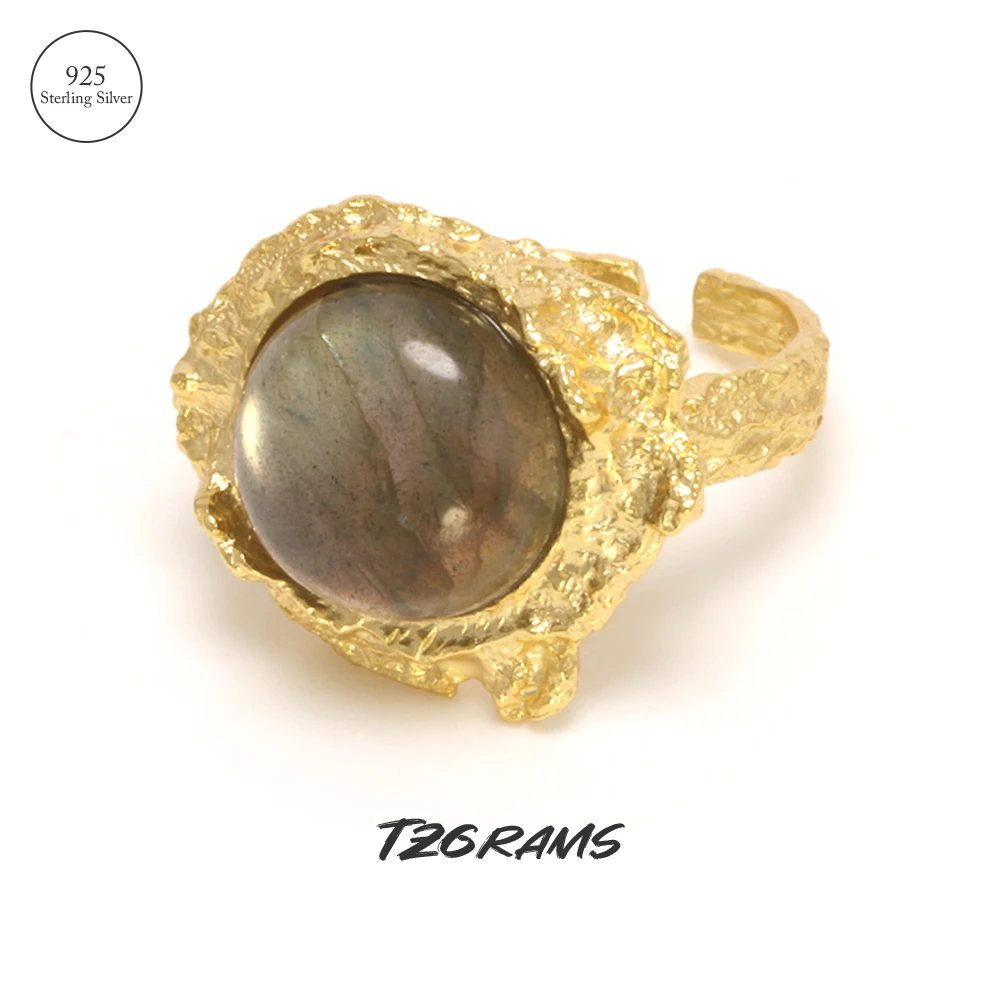 92.5 Sterling Silver Good Quality Texture Minimalist Gold Plated Rings with Labradorite Gorgeous Fine Jewelry