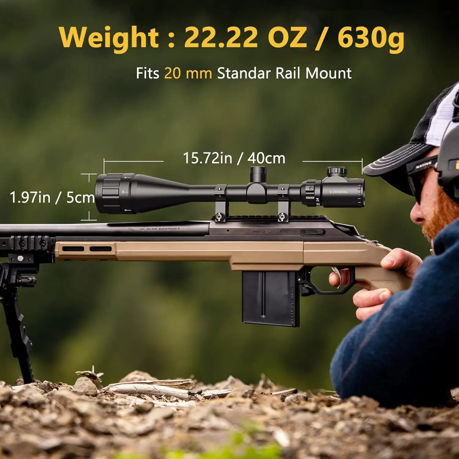 

Airsoft 6-24x50 AO Rifle Scope Red Green Illuminated Reticle Riflescope Long Range Optic Sight with Rings 20mm Picatinny Rail