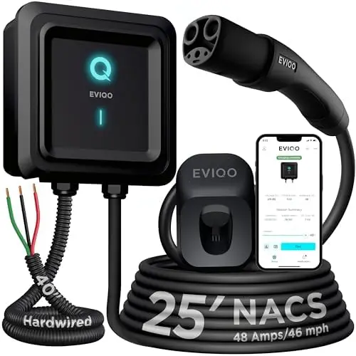 

EVIQO NACS Level 2 EV Charger – 48A Hardwired, WiFi, UL Certified, 240V, 25ft Cable – Gen 2