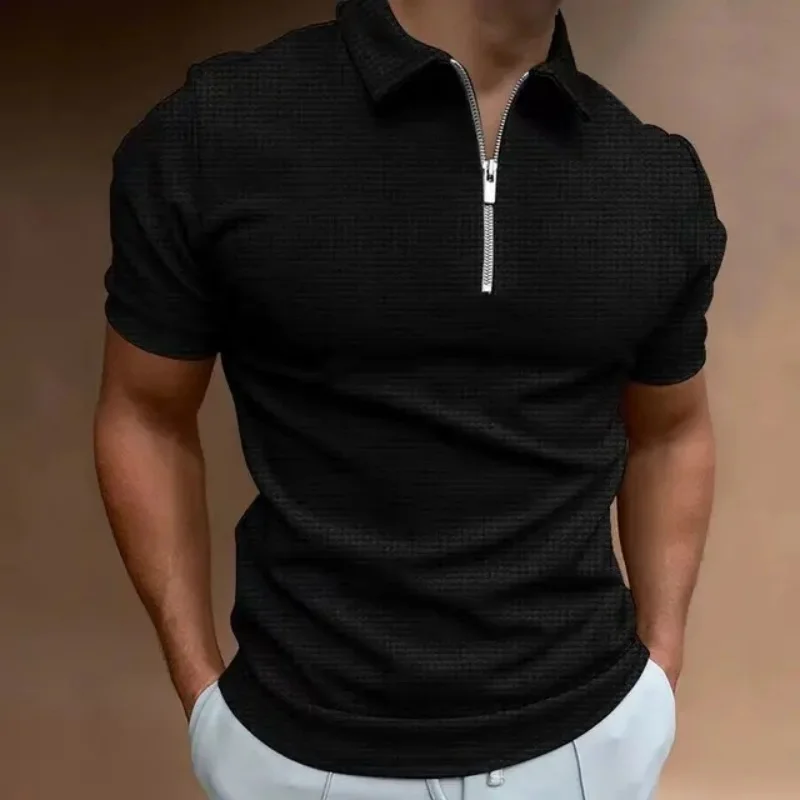 

2024 Summer Men's New Zipper Polo Shirt Short Sleeve Checkered Casual Sports Polo Shirt Thin Solid Color