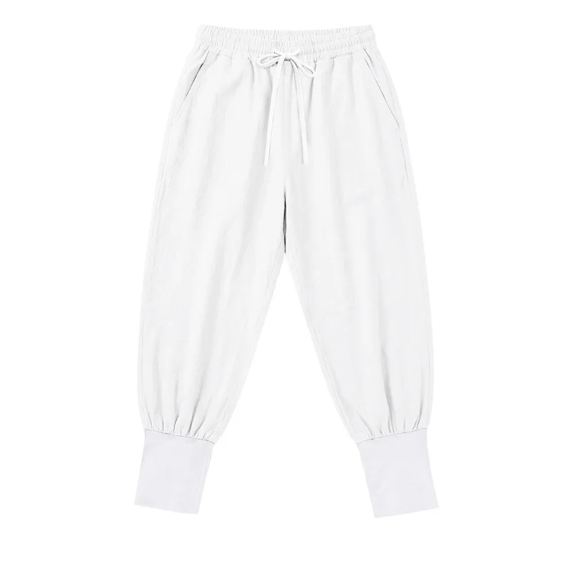 American Casual Linen Beach Commute Breathable Vacation Contrasting Colors Loose Tied Feet Jogging Drawstring Trousers