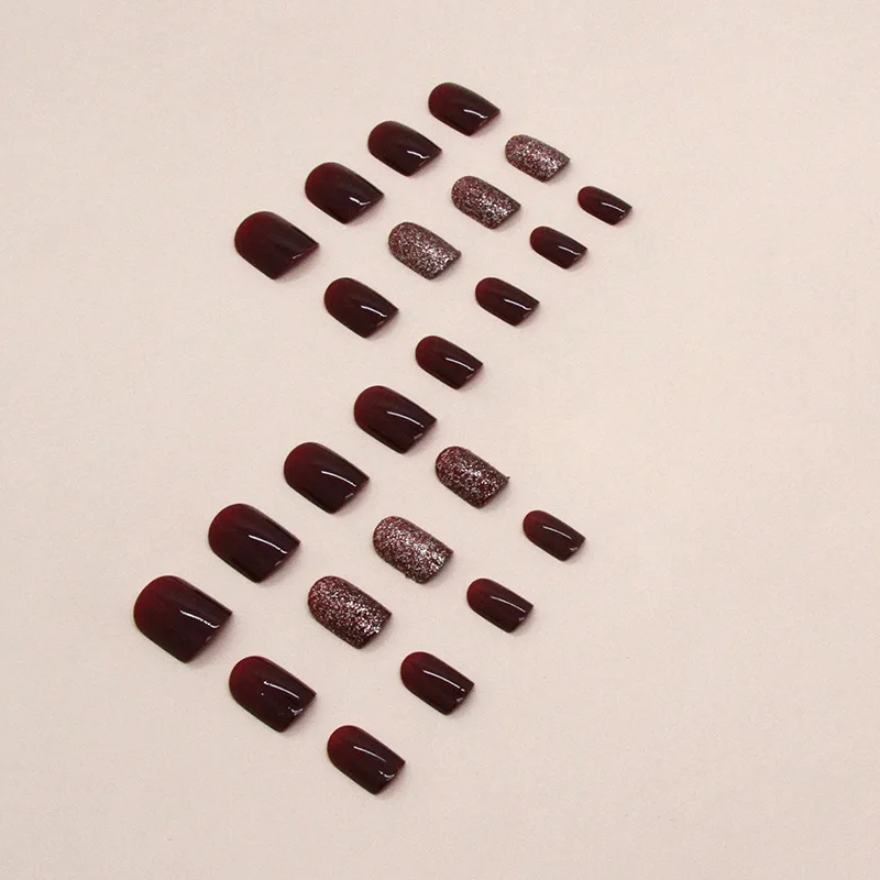 24pcs Short Solid Color Burgundy Glitter Fashion Squared Rounded Fake Nails Press on Nails Set for Girls False Nails with Glue