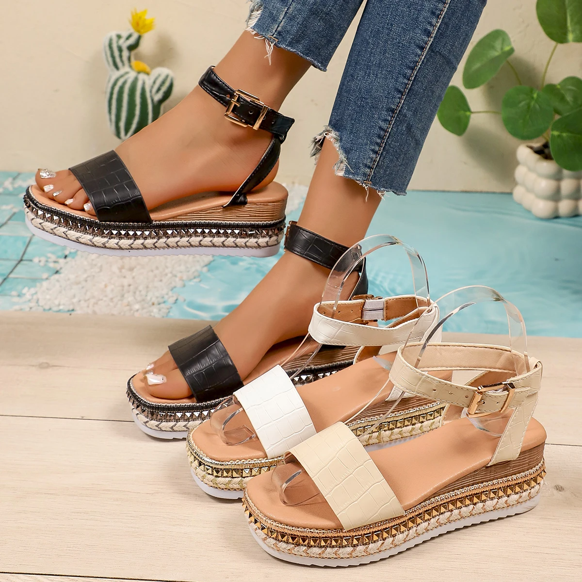 

Women Wedge Heel Sandals 2026 Summer New Lightweight Non Slip Beach Shoes Buckle Strap Platform Sandals Sandalias De Mujer