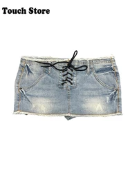 Women 2000s Aesthetic Mini Denim Skirt Gyaru Coquette Chic Y2k Micro Skirt Design Goblin Grunge Lace Up Korean Kpop Culottes New