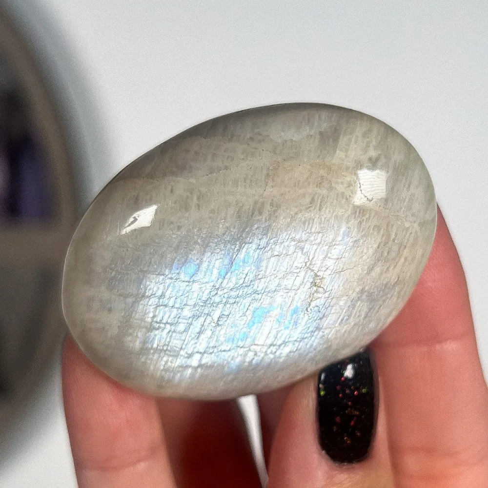 1pc Handcrafted Blue Flashy Moonstone Palm Stone- Polished Crystal with Iridescence