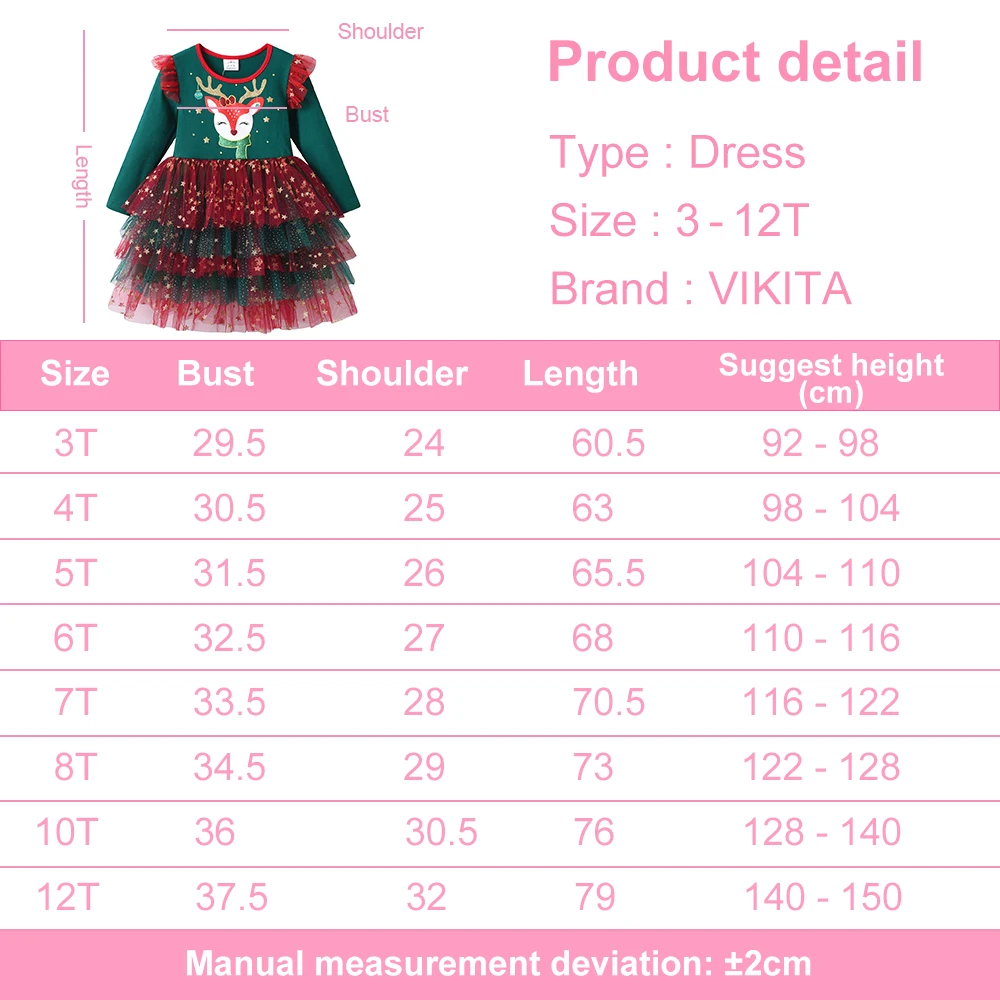 VIKITA Girls Christmas New Year Festival Dress Kids Reindeer Print Tutu Dresses Girls Green Red Autumn Winter Princess Dresses