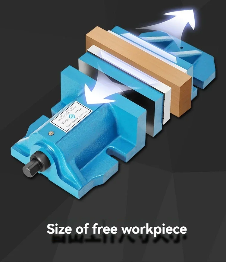 Precision modular vise with wide opening for milling machines; 6-inch Freestyle split-jaw precision vise.