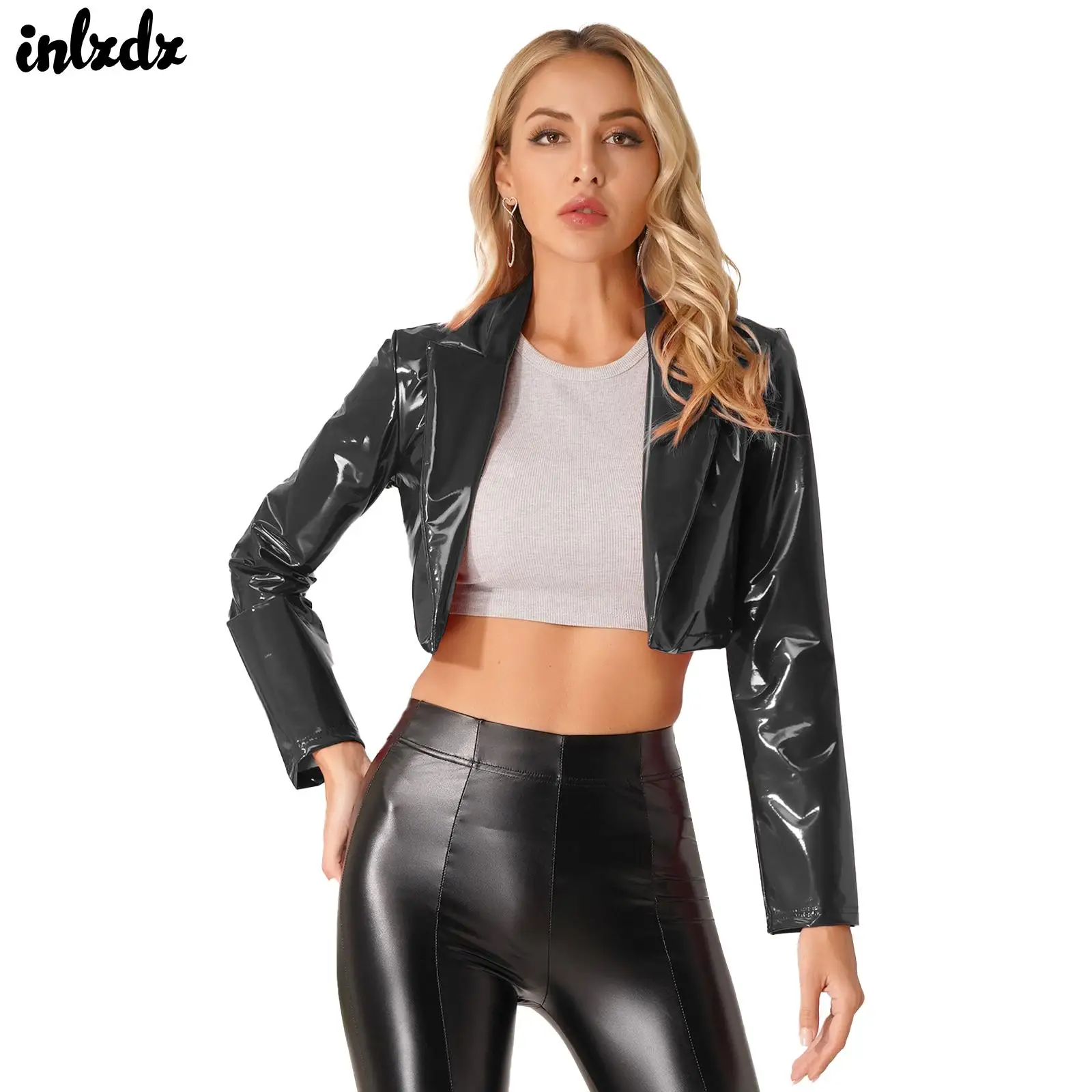 

Womens Latex Rubber Cropped Coat Tops Biker Motorcycle Top T-Shirts Motorcycle Patent Leather Latex Jacket Shiny Metallic Blazer