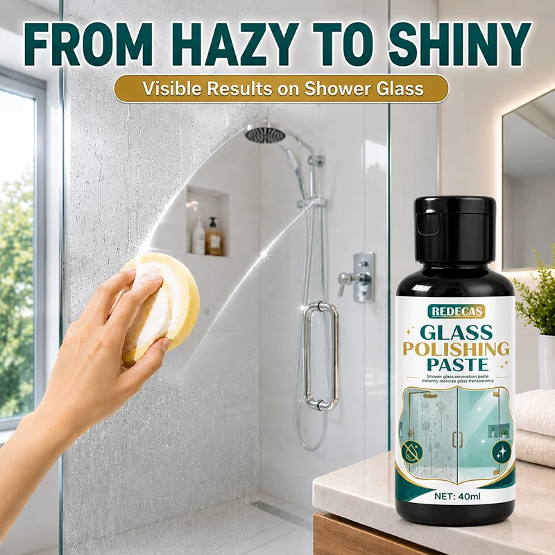 Shower Glass Polish Restorer Cream, Removes Oil Film, Limescale & Soap Scum, Restores Clarity, Bathroom, Shower & Window Glass