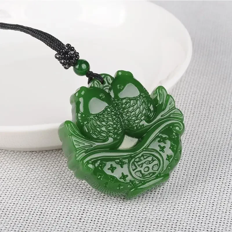 Natural Green Jade Carp Pendant Necklace Chinese Jadeite Hand-carved Charm Jewelry Fashion Amulet Gifts for Women Men