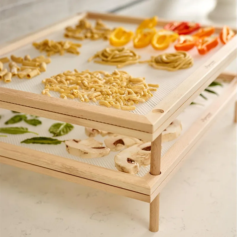 Natural Beech Wood Pasta Drying Rack, Foldable 2-Tier Drying Stand for Herbs/Pasta/Vegetables, Countertop Kitchen Organizer