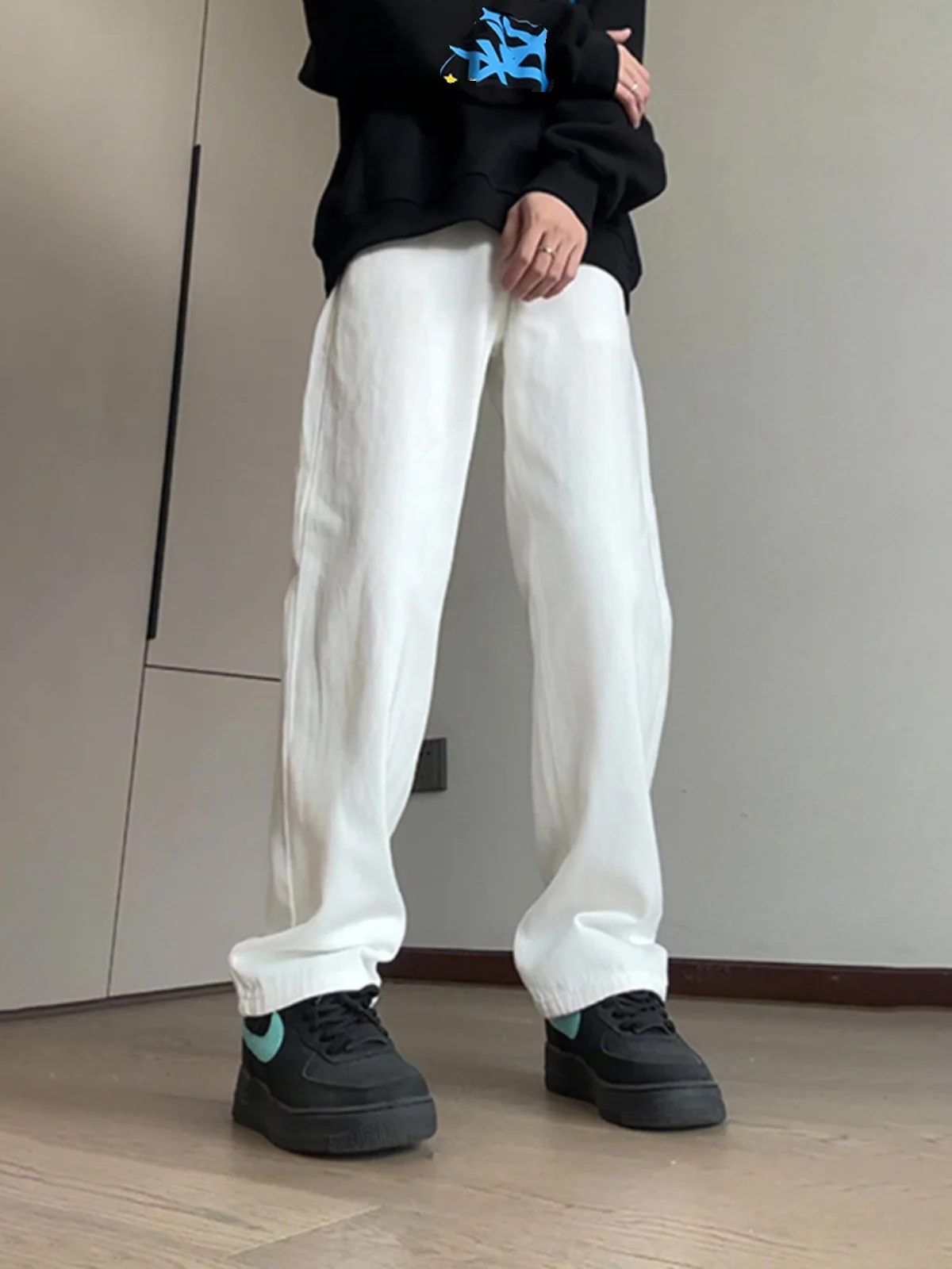 

White Fce Lined Men's Jeans Loose BF Lazy Sle Casual Long Pants Autumn Winter Faionable Youth Wear Cotton Polyester Blend