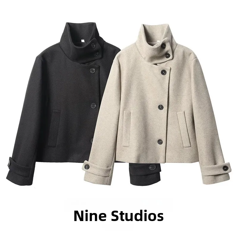 Nine Zar Women's Short Pure Color Jacket Coat Casual Button up Stand Collar Design European Style Long Sleeve Winter Outerwear