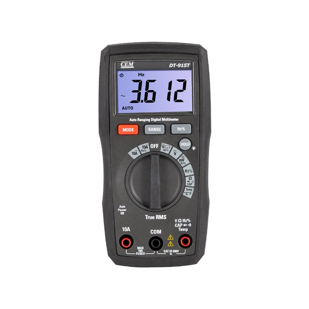 CEM DT-915T Compact Digital Multimeter With Rubber Holster Housing And Over Sized High Contrast 6000 Counts LCD Display