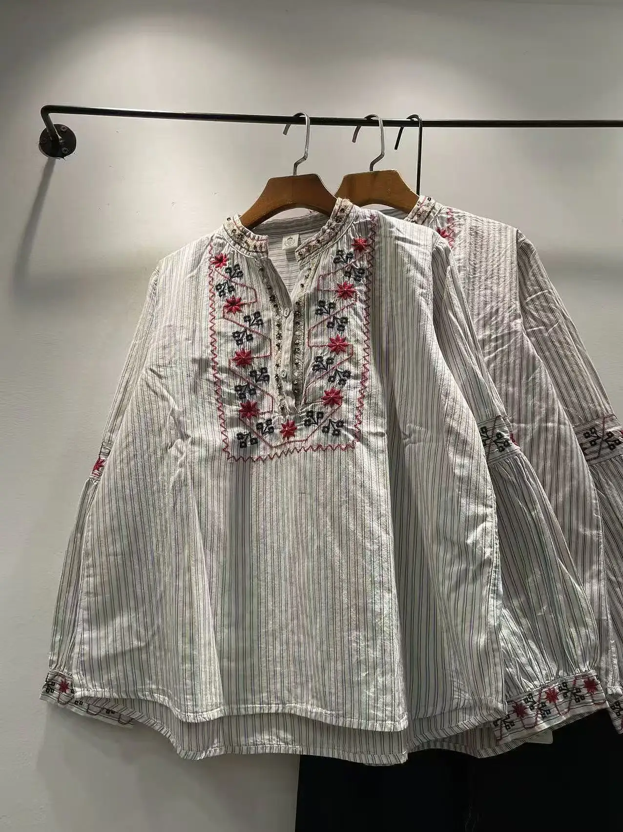 

2026 Women's spring clothes ethnic shirts for women Mexico style pure cotton bohemian flower embroider striped blouses