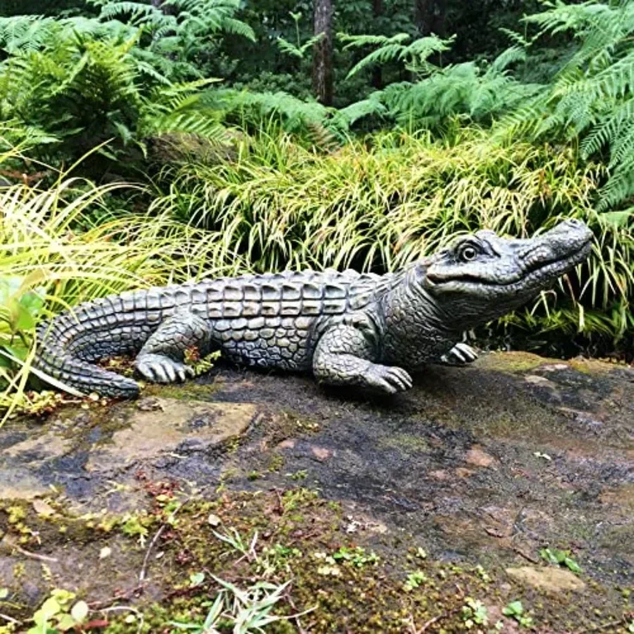 Beach garden pool decoration: realistic lying alligator statue, 20 in., PVC material, green color, weather-resistant and lifeli