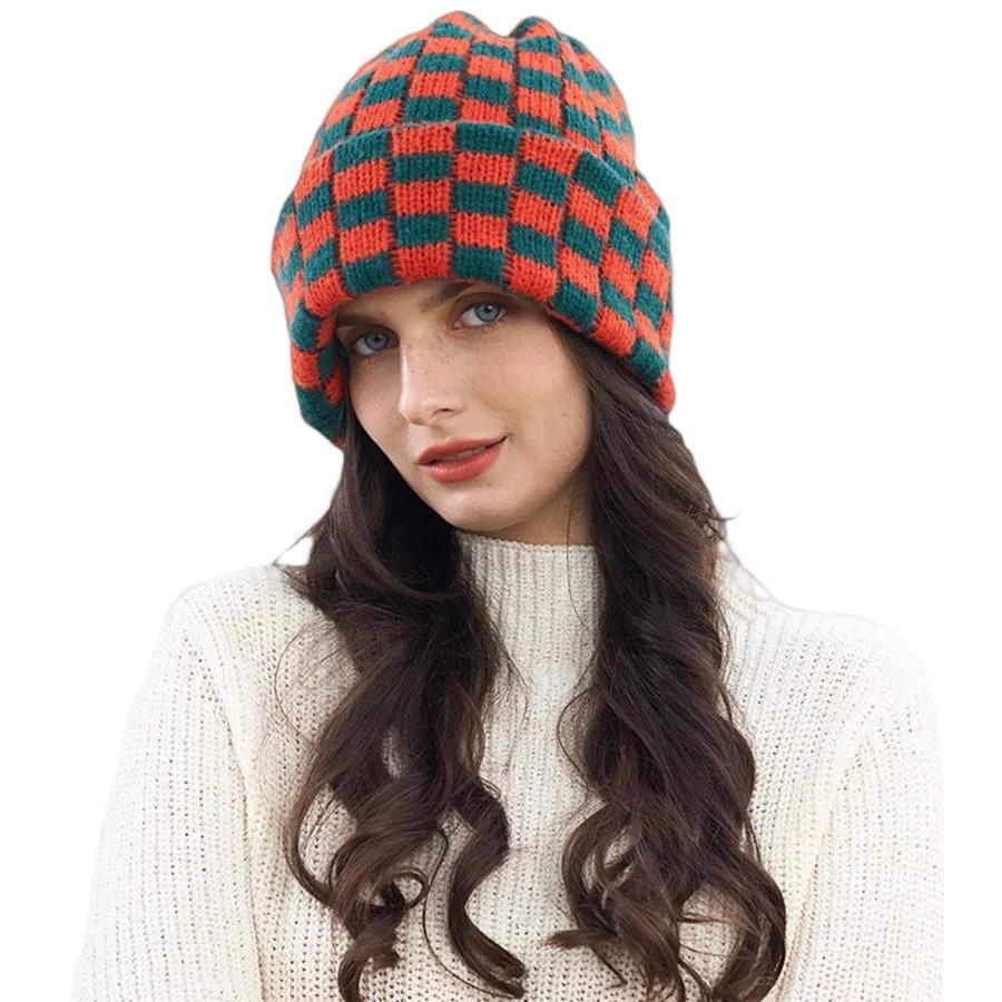 Winter Knitted Hat for Women Checkered Plaid Skullies Beanies Ins Luxury Brand Y2k Bonnet Heavy Warm Hat Casual Cap for Girl Boy