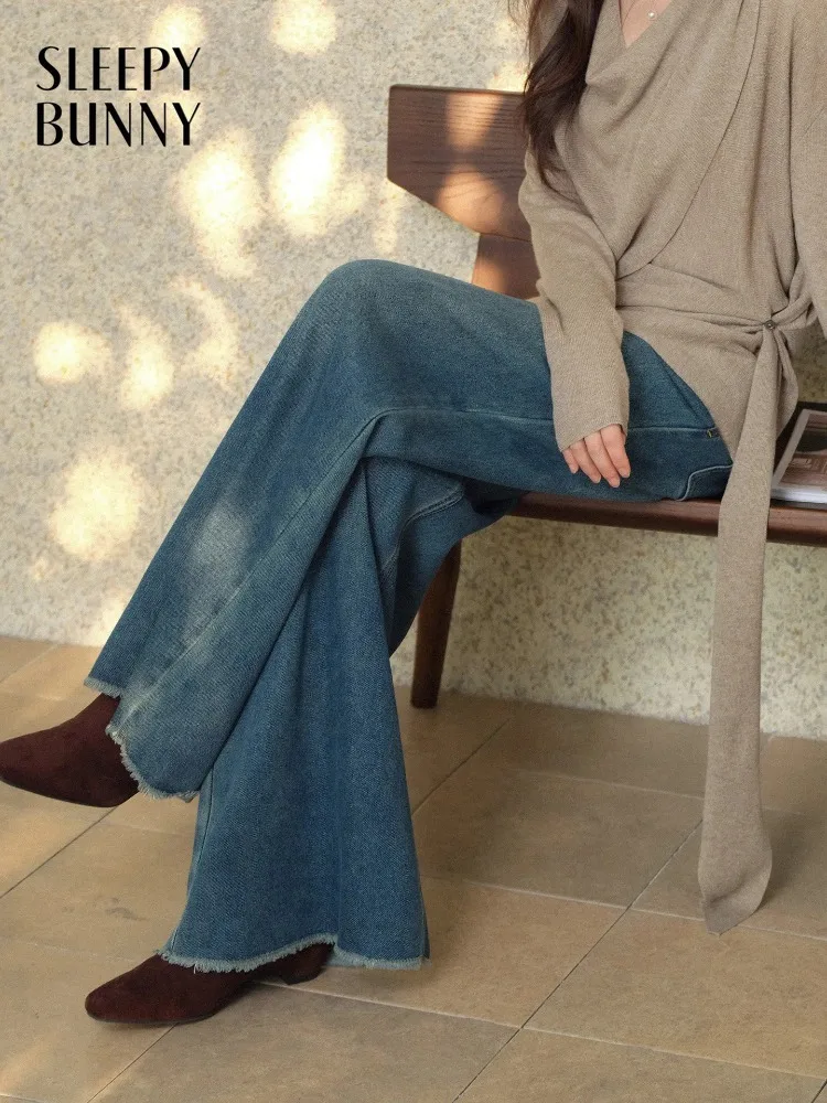 

Women Petite High Waist Flare Jeans Lady Spring Vintage Washed Raw Hem Wide Leg Denim Trousers Floor Length Casual Street Pants