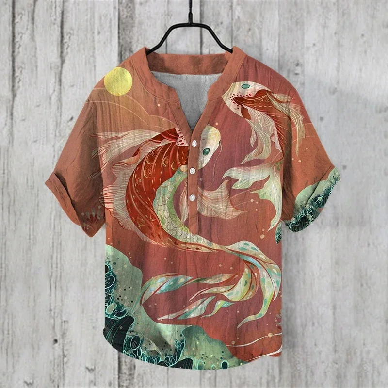

Hawaiian shirt casual fashion digital print men's short sleeved V-neck 3-breasted shirt linen breathable top