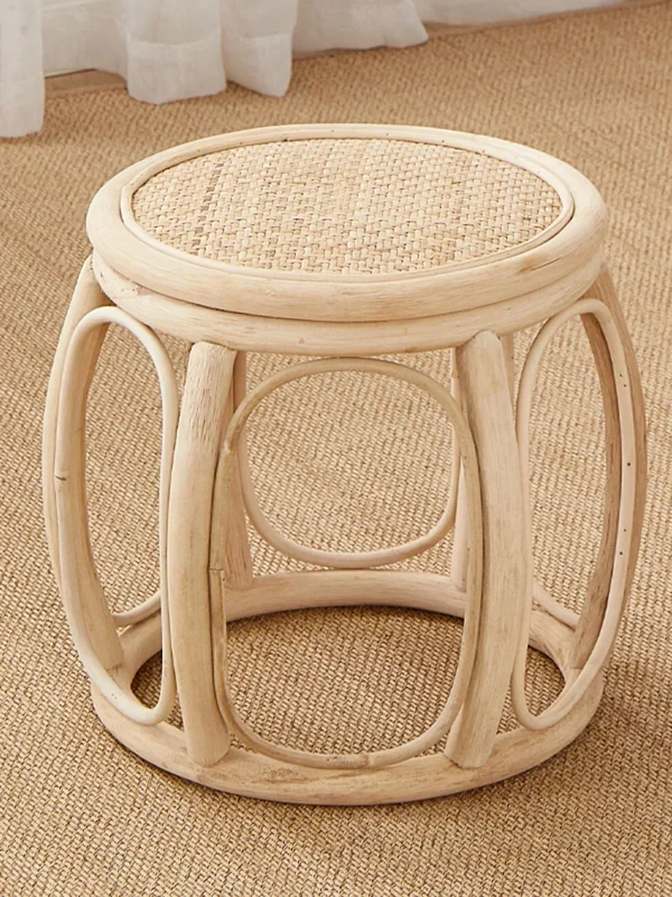 

Furniture Rattan Woven Circular Stool Mobile Living Room Hallway Entrance Changing Shoes Bench Creative Plant Vine Drum Stools