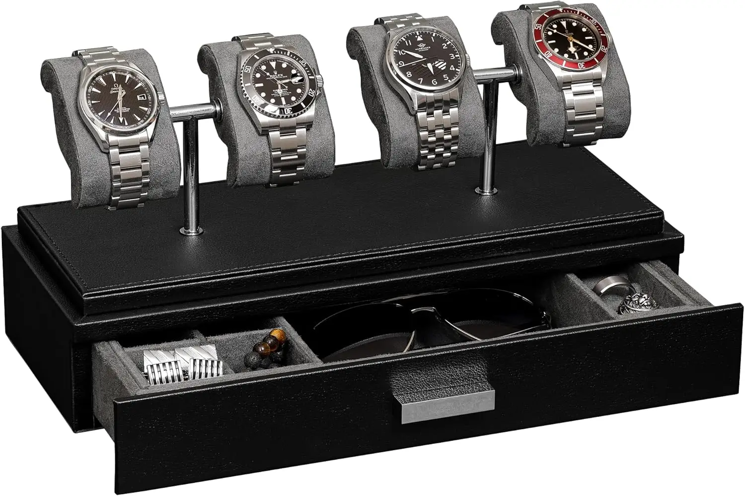 

Watch Display Case for 4 Watches – Leather Box with Acrylic Cover, Removable Cushions & Configurable Drawer – Elegant Gift for