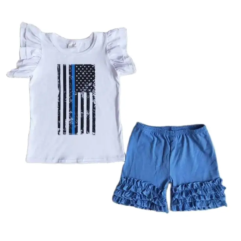 

2022 Daily Wearing RTS Summer Girls Clothing Sets White National Flag Sleeve Top Boutique Outfits Baby Blue Shorts Sets Fashion