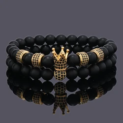Luxury Natural Black Stone Crown Ball Charm Man Bracelet Women Beaded Bracelets Jewelry Valentines Day Gift