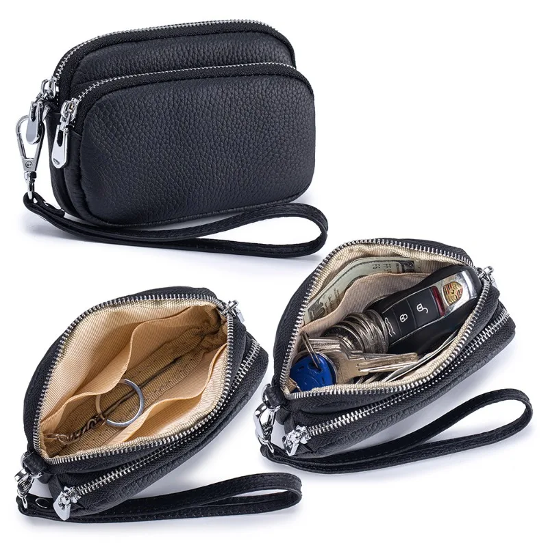 

Genuine Leather Double Zipper Coin Purse,Korean Style Wristlet Wallet with Detachable Strap,Organizer for Coins,Cards & Lipstick