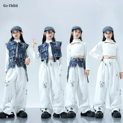 Girls Streetwear Crop Top Ripped Denim Vest Joggers Pants Children Hip Hop Clothes Sets Kids K-pop Street Dance Jazz Costumes