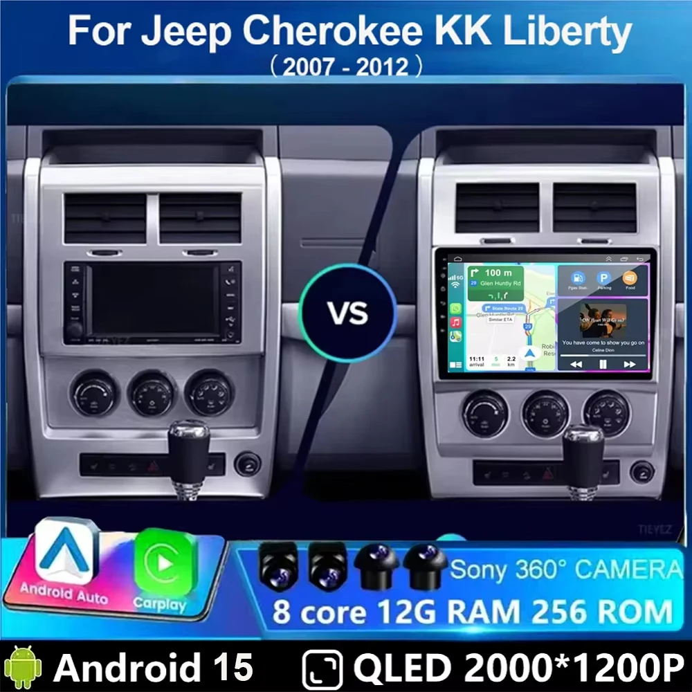 Android 15 Carplay + Auto pour Jeep Cherokee KK Liberty 2007 - 2012 Autoradio multimédia lecteur vidéo Navigation GPS 4G Autoradio