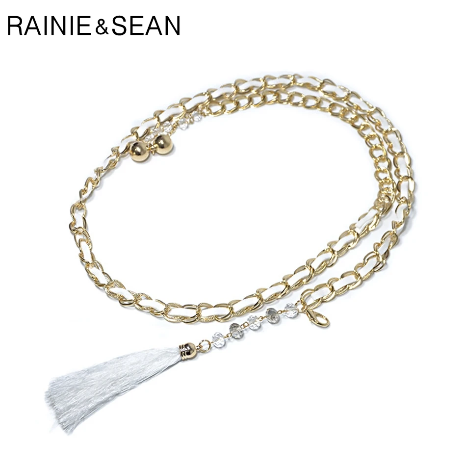 

RAINIE SEAN White Golden Women Chain Belts Tassel Rhinestone Thin Belts for Dresses Female Bead Elegant French Ladies Waist Belt