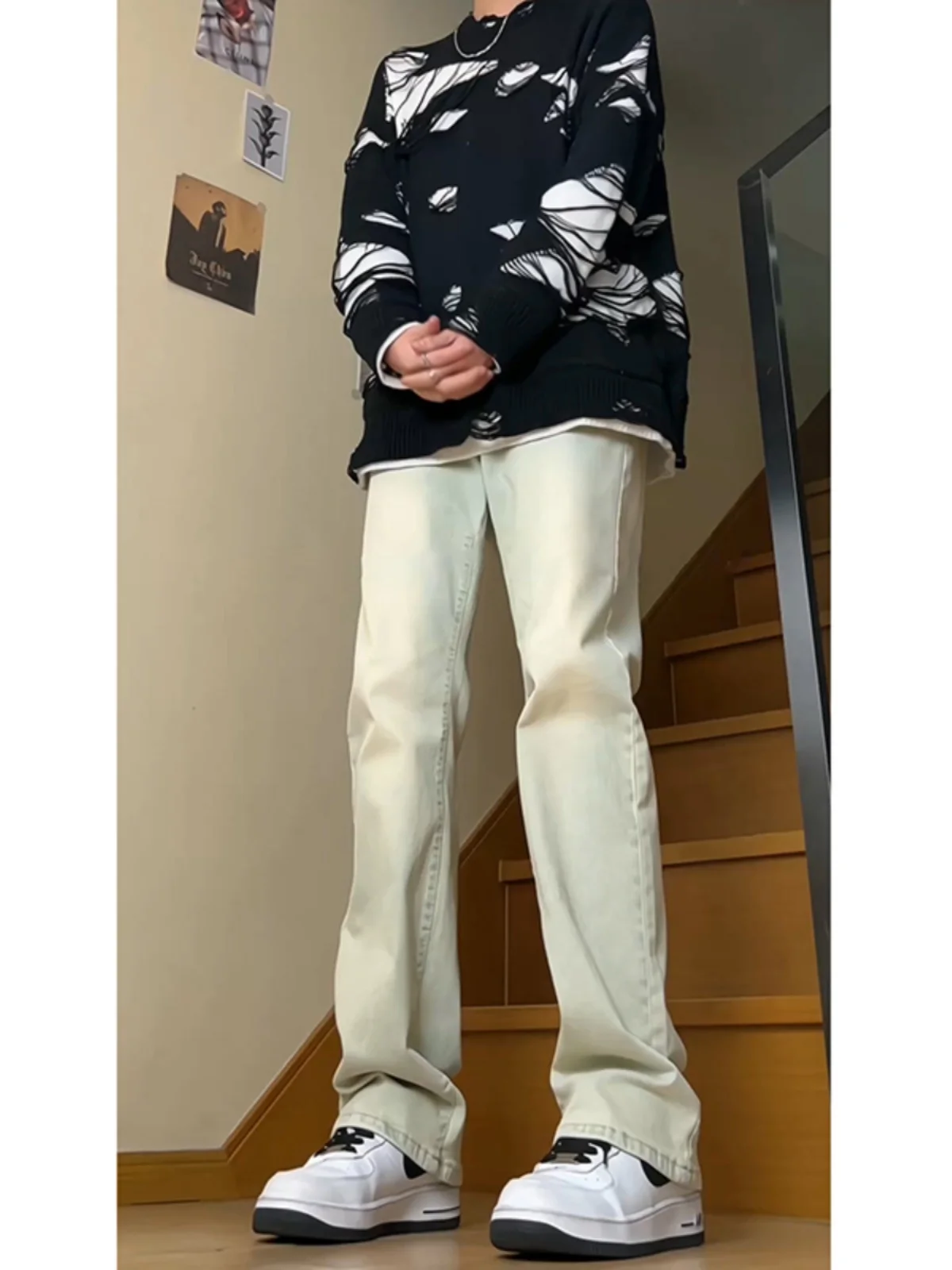 

Teenage Slim Tall Men's Jeans American High Street Autumn Winter Waed Mud Denim Fce Lined Straight Leg Pants