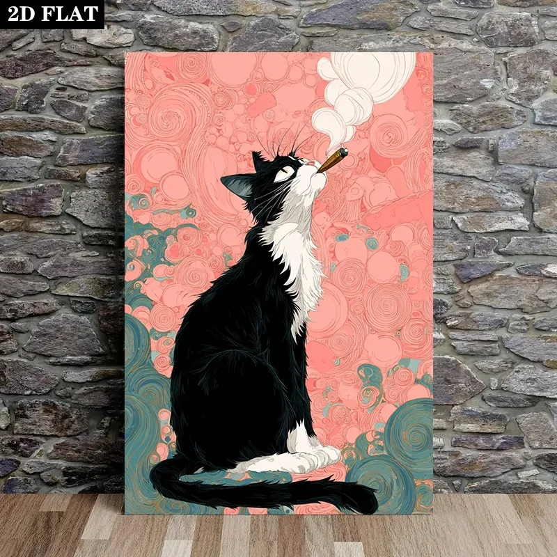 Frameless Mid-Century Modern Cat Canvas Wall Art 12x18 Inch Black White with Pink Blue Swirl Decor for Living Room Bedroom