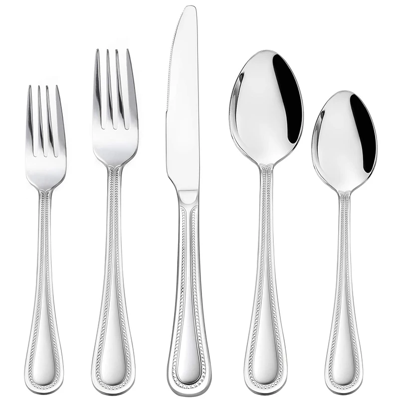 5/10/20Pcs Stainless Steel Flatware Silverware Set, Pearled Edge Tableware Cutlery Knife/Fork/Spoon, Beading Eating Utensils