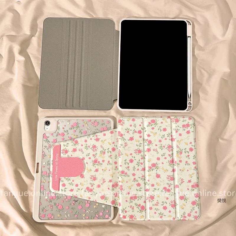 Korean Minimalist Floral Design Tablet Case For iPad Pro 12.9in Air7 10th 11th iPad Pro 11 13in 2025 M4/5 Anti-fall Rotate Cover