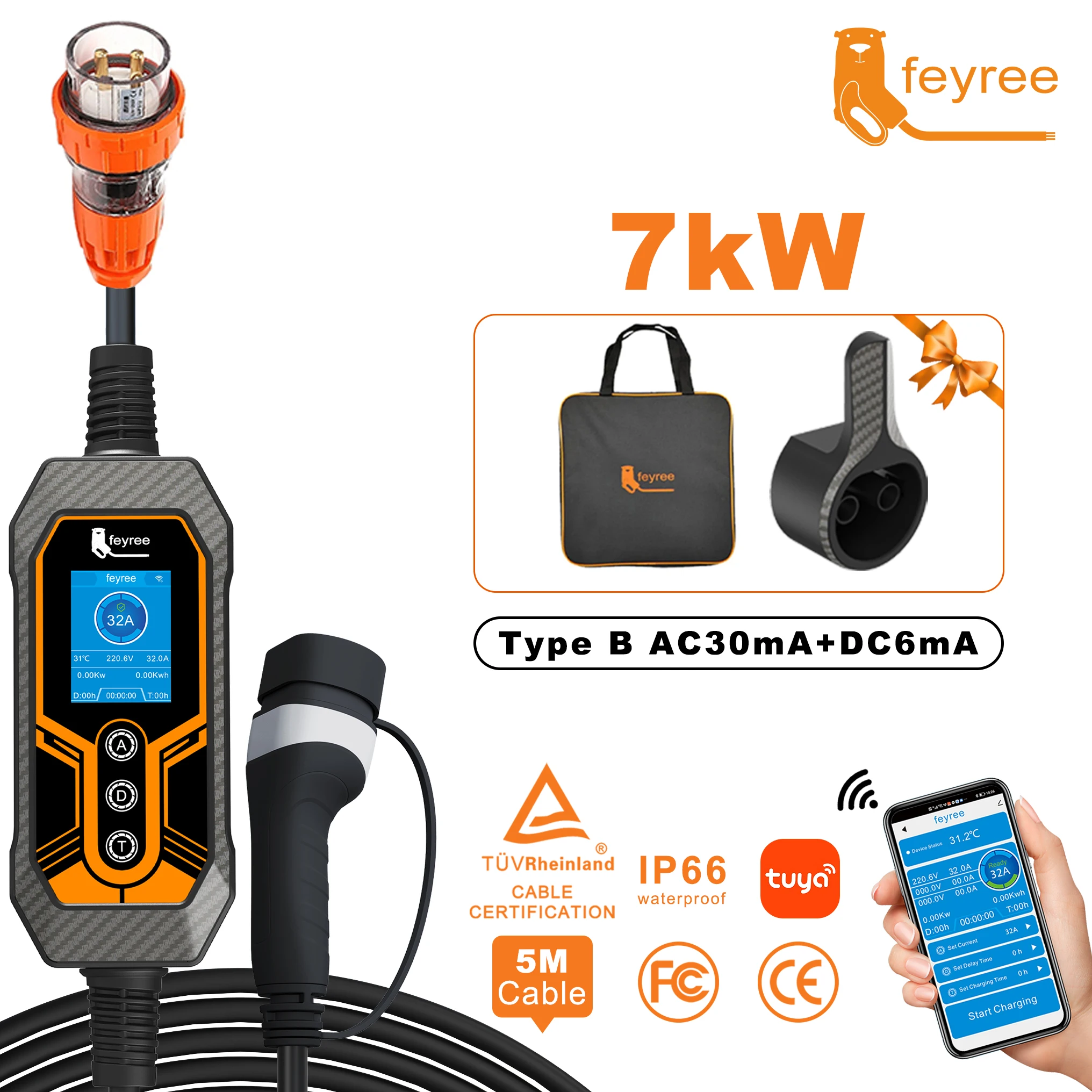 Feyree Portable EV Charger Type2 32A 7KW with AU Plug Power Supply Side Smart WiFi APP Adjust Current Timing Charging for EV Car