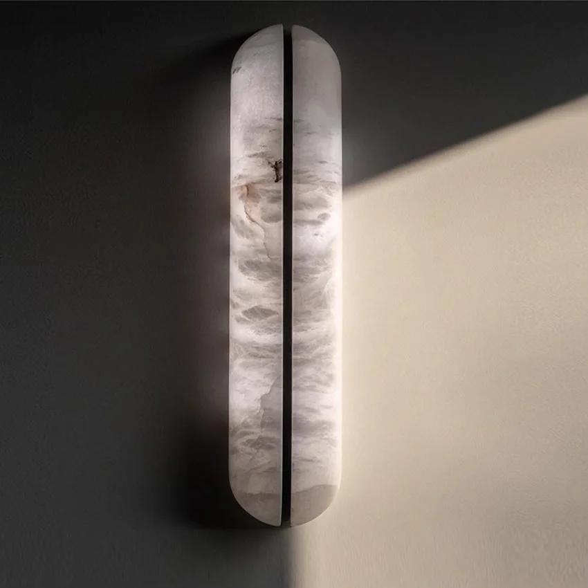 Applique Murale LED en Marbre Naturel Espagnol et Cuivre Ovale Luxe pour Salon Chevet Escaliers Couloir Décoration Murale